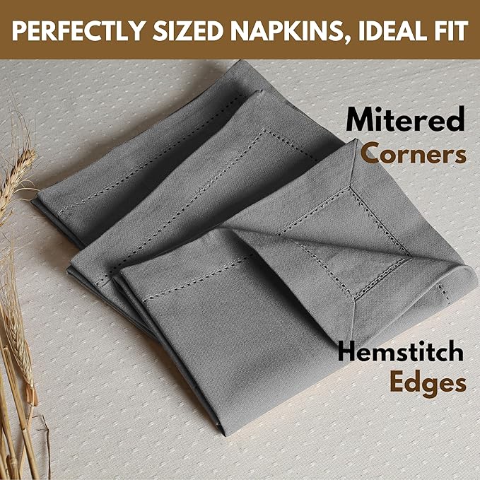 Native Fab Grey Cloth Napkins, Set of 4, 100% Cotton, Hemstitched Mitered Edges 18x18 inch, Soft, Durable, Absorbent, Washable, Hotel Linen Quality - Events, Lunch, Party, Dinner Napkins - Gray
