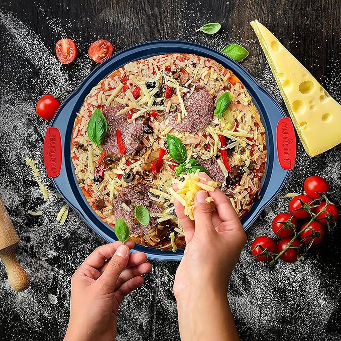 NutriChef 8-Piece Nonstick Baking Pan Set - Premium Carbon Steel Bakeware w/ Silicone Handles - Includes Pizza Tray, Loaf Pan, 12-Cup Muffin Pan, Round/Square Pans, & Cookie Sheet - Blue