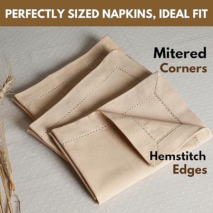 Native Fab Cloth Napkins, Set of 4, 100% Cotton, Hemstitch Mitered Corners, 18"x 18", Soft, Washable, Absorbent, Reusable, Premium Linen Quality - Events, Wedding, Party, Dinner Napkins - Beige