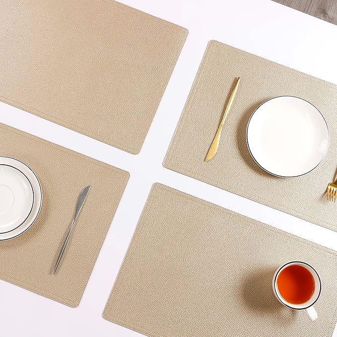 Set of 6 Faux Leather Placemats, PU Table Mats, Waterproof, Stain Resistant, Heat Resistant, Easy to Clean for Kitchen Dining Table,Conference Table C Gold Rectangle