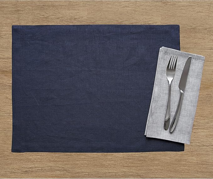 Solino Home Linen Navy Blue Placemats Set of 6-100% Pure Linen Placemats 14 x 19 Inch for Fall, Autumn, Thanksgiving, Christmas, Holiday, Winter - Fete