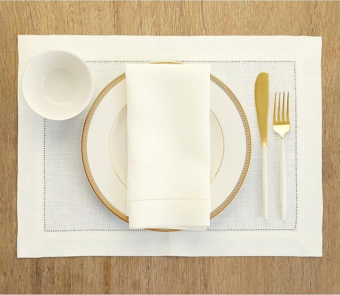 Solino Home Ivory Linen Napkins Set of 6-100% Pure Linen Hemstitch Dinner Napkins 20 x 20 Inch for Fall, Autumn, Thanksgiving, Christmas, Holiday - Classic Hemstitch
