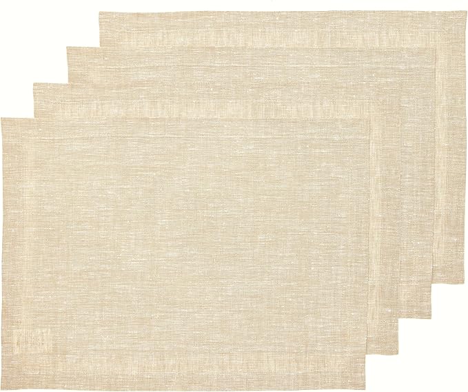 Solino Home Linen Cloth Placemats Set of 4-100% Pure Linen Champagne Beige Placemats 14 x 19 Inch for Fall, Autumn, Thanksgiving, Christmas, Holiday - Athena
