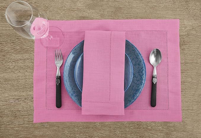 Solino Home Linen Placemats Set of 4 - Classic Hemstitch Flamingo Pink Placemats 14 x 19 Inch - 100% Pure Linen Table Mats