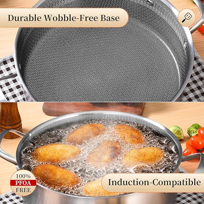Inqibee 6 QT Hybrid Tri-Ply Stainless Steel Non Stick Sauté Pan with Lid,12 Inch Induction Deep Frying Pan,Large Skillet,Brazier,Dishwasher and Oven Safe
