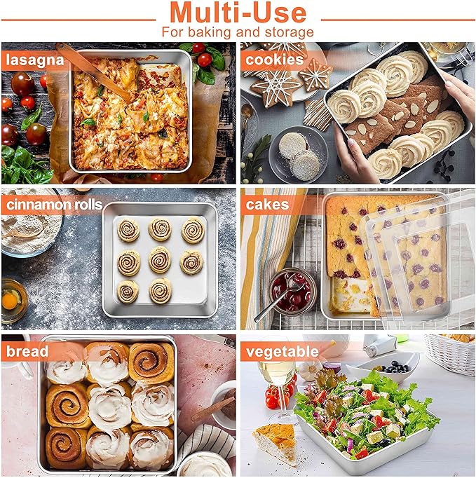 Herogo 8”x 8” Baking Pan, Stainless Steel Square Cake Pan with Lid, Cakes Brownie Lasagna Square Bakeware Set, Healthy & Dishwasher Safe