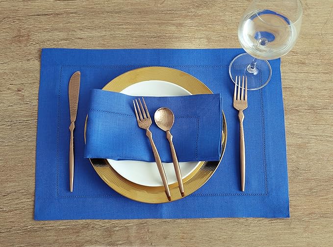 Solino Home Linen Napkins Set of 4 - Classic Hemstitch 100% Pure Linen Royal Blue Dinner Napkins Cloth 20 x 20 Inch - Handcrafted and Machine Washable - Holiday, Winter, Christmas
