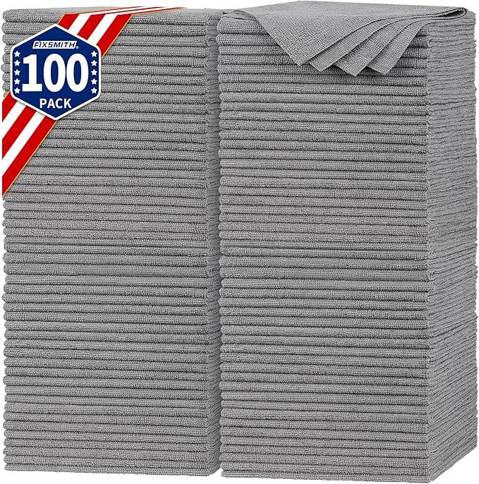 FIXSMITH Shop Towels, Pack of 100, Grey Microfiber Cleaning Cloth Bulk, Microfiber Towels for Cars, All-Purpose Absorbent Cleaning Rags, Dust Cloth for Automotive, Mechanic, Garage, 11.5 x 11.5 inch
