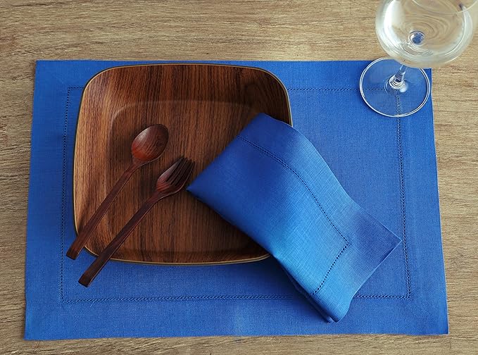 Solino Home Linen Placemats Set of 4 - Classic Hemstitch Royal Blue Placemats 14 x 19 Inch - 100% Pure Linen Table Mats for Holiday, Winter, Christmas