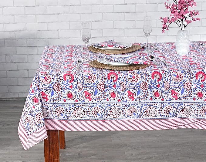 Ridhi Pigeon Blue Hand Block Print Cotton Rectangle Tablecloth 140 x 72 inch-Reusable Table Cover Decorative Everyday Use for Dining Room, Farmhouse, Thanksgiving, Christmas Wedding, Fall