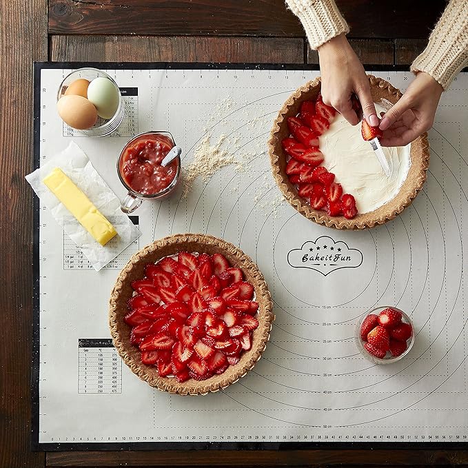 XX-Large Silicone Pastry Mat 33.5 x 22.5 in nonstick surface with inch and cm guides, concentric circles, conversion charts, BPA free, heat safe to 450°F, dishwasher safe