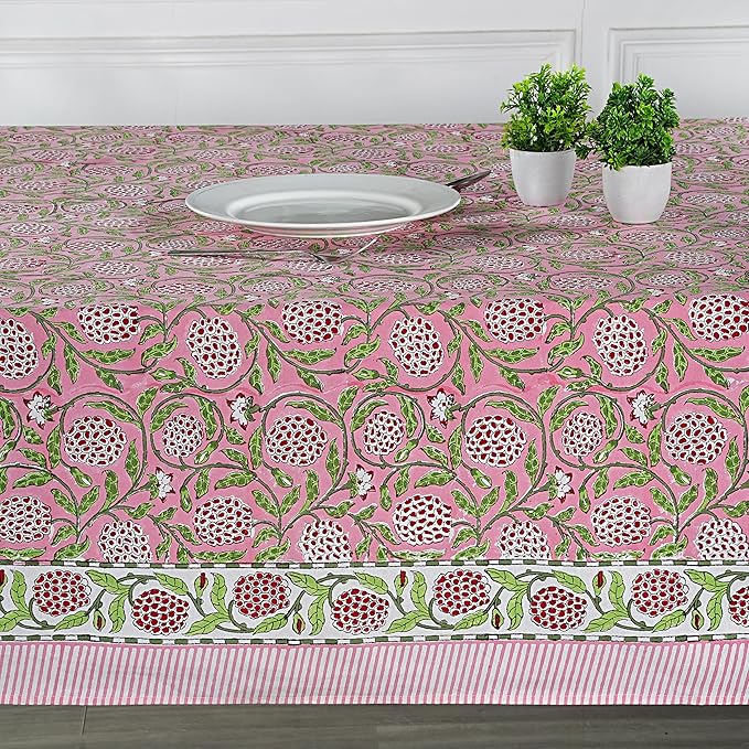 Ridhi Strawberry Pink Hand Block Print Cotton Rectangle Tablecloth 140 x 72 inch-Reusable Table Cover Decorative Everyday Use for Dining Room, Farmhouse, Thanksgiving, Christmas Wedding, Fall