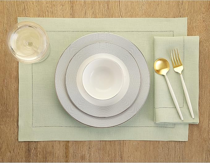 Solino Home Linen Placemats Set of 4 - Classic Hemstitch Sage Green Placemats 14 x 19 Inch - 100% Pure Linen Table Mats for Fall, Autumn, Thanksgiving, Christmas, Winter