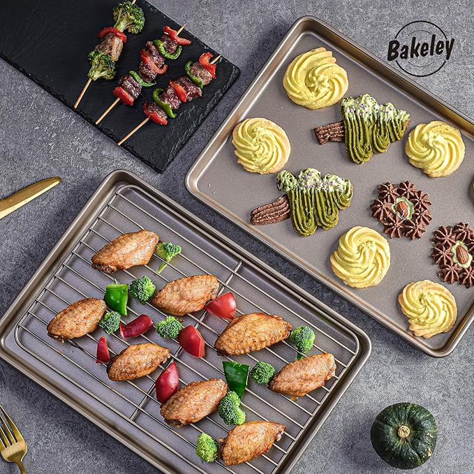 13-inch Baking Sheet Pan with Rack, Non-Stick Rectangular Shallow Dish Sheet Pan with Wire Rack for Oven Baking, BBQ, Jelly Roll and Roasting 13.5" x 9.6" x 1" (Champagne Gold)