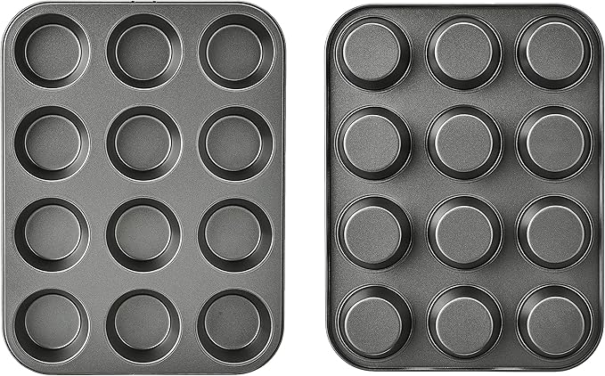 Amazon Basics Nonstick Round Muffin Baking Pan, 12 Cups, Set of 2, Gray, 13.9x10.55x1.22"