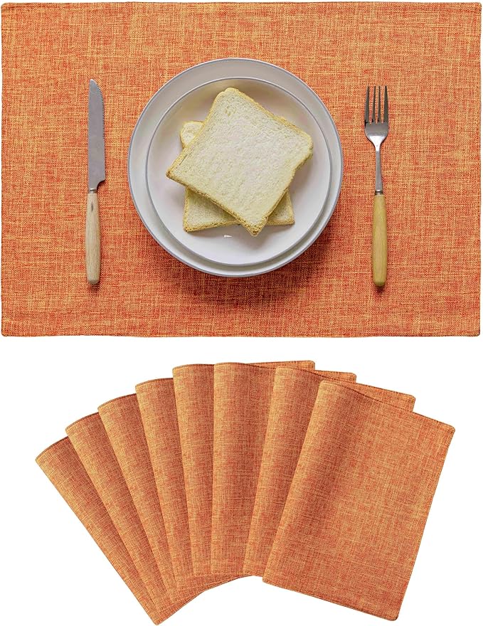 Home Brilliant Cloth Placemats Set of 8 Heat Resistant Dining Table Place Mats for Fall Kitchen Table Dinner Party Thanksgiving Decorations, 13 x 19 inches, Orange