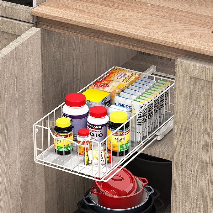 Simple Houseware Pull-Out Cabinet Sliding Basket Organizer, 17.2" D x 9.7" W x 5" H – White, Ideal for Kitchen and Bathroom Cabinet Storage, Under Sink or Pantry Organization