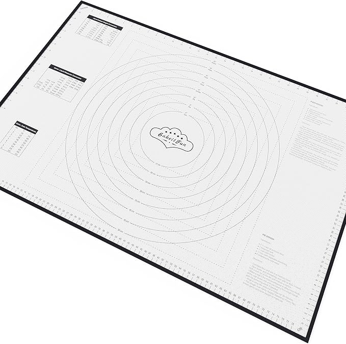 XX-Large Silicone Pastry Mat 33.5 x 22.5 in nonstick surface with inch and cm guides, concentric circles, conversion charts, BPA free, heat safe to 450°F, dishwasher safe