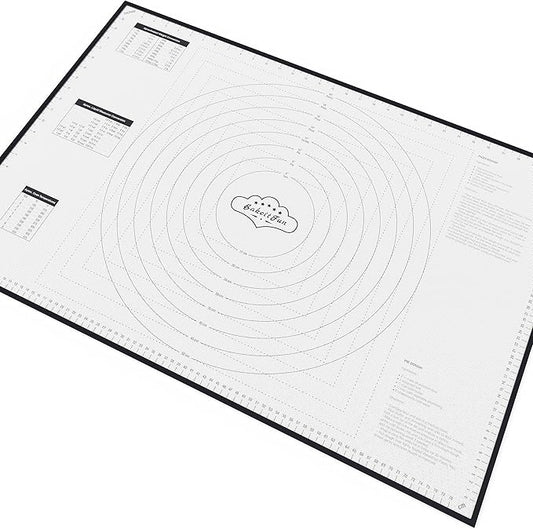 XX-Large Silicone Pastry Mat 33.5 x 22.5 in nonstick surface with inch and cm guides, concentric circles, conversion charts, BPA free, heat safe to 450°F, dishwasher safe