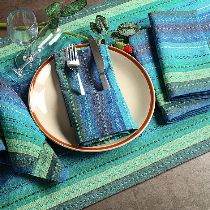 Multi Color Cotton Hemstich Napkin, Decorative Cocktail Machine Washable Dinner Napkin with Mitered Corner for Wedding Christmas Everyday Use - Pack of 12-18x18 Inch - Green Blue Multi