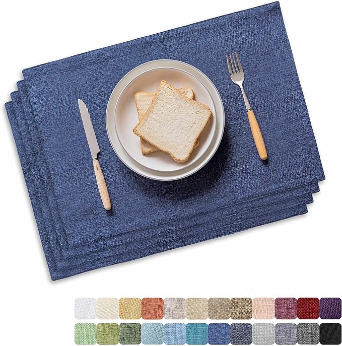 Home Brilliant Placemats Set of 4 Linen Blue Placemats Heat Resistant Dining Table Place Mats Kitchen Table Mats, Indigo