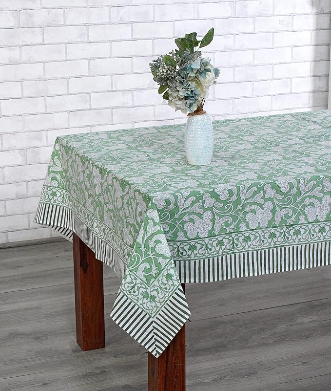 Ridhi Sage Green Hand Block Print Cotton Rectangle Tablecloth 160 x 72 inch-Reusable Table Cover Decorative Everyday Use for Dining Room, Farmhouse, Thanksgiving, Christmas Wedding, Fall