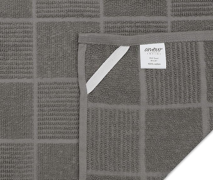 AMOUR INFINI Kitchen Towels Pack of 4 Absorbent, Quick Drying Premium Terry Cotton Dish Towel with Hanging Loop 16x28 Inch Hand & Tea Towels (L.Grey)