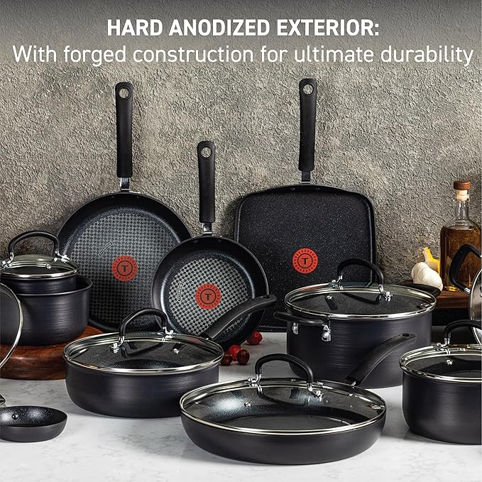 T-fal Ultimate Hard Anodized Nonstick Cookware Set 12 Piece, Oven Broiler Safe 400F, Lid Safe 350F, Kitchen Cooking Set w/Fry Pans, Saucepans, Dutch Oven, Pots and Pans, Dishwasher Safe, Black