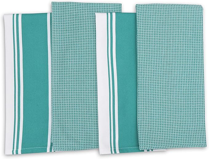 AMOUR INFINI Cotton Kitchen Towels - Set of 4 Highly Absorbent, Ultra Soft Waffle Weave Tea Towel with Hanging Loop - 20x28 Inch Quick Drying Dish Cloths for Cleaning (Teal)