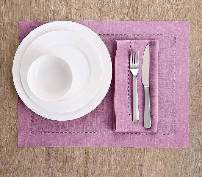 Solino Home Linen Cloth Placemats Set of 4-100% Pure Linen Hemstitch Violet Placemats 14 x 19 Inch - Classic Hemstitch Table Place Mats
