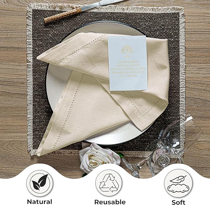 Ramanta Home Natural Cloth Dinner Napkin Set of 4-20x20 Inch, Premium Cotton Linen Flax Hemstitched Napkins, Soft Durable Washable for Everyday Use Thanksgiving Christmas Parties Halloween