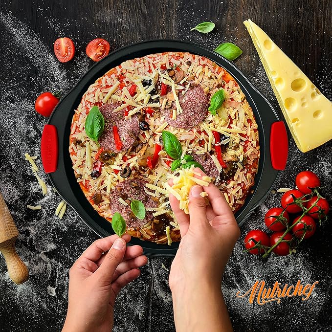 NutriChef Non-Stick Pizza Tray with Silicone Handles, 10-Pack Round Steel Non-Stick Pans with Perforated Holes, Premium Bakeware, Pizza Trays with Silicone and Oversized Handles, Dishwasher Safe