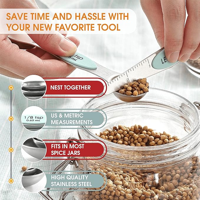 Spring Chef Stainless Steel Magnetic Measuring Spoons Set of 8 with Leveler, Nesting Metal Teaspoon & Tablespoon Measuring Spoons, Kitchen Gadgets for Baking & Cooking, Fits in Spice Jars - Mint