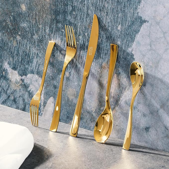 Gibson Elite Holland Road 20-PieceFlatware Silverware Set - Stainless Steel Utensils - Forks, Spoons, Knives - Service for 4 - Gold