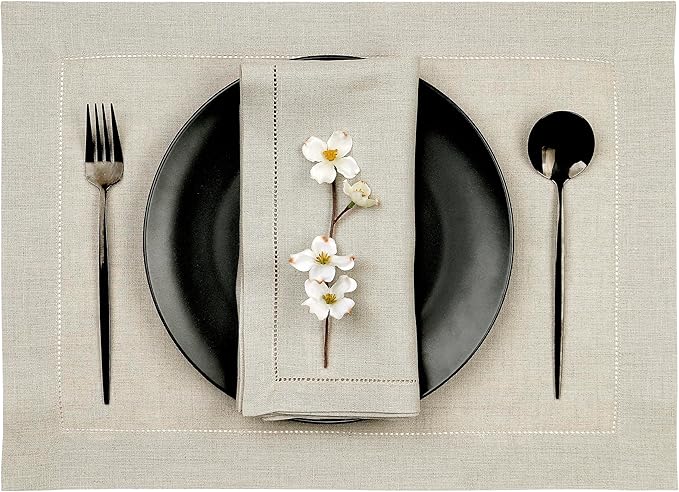 D'Moksha Homes Linen Placemats Set of 4-100% Pure Linen Natural Placemats 14 x 19 Inch - Classic Hemstitch, Washable Natural Placemats for Christmas Decor, Holiday