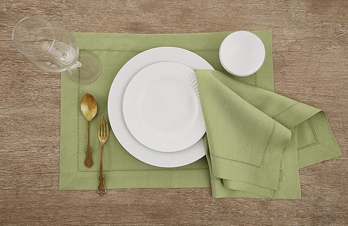 Solino Home Linen Napkins Set of 4 - Classic Hemstitch 100% Pure Linen Moss Green Dinner Napkins Cloth 20 x 20 Inch for Fall, Autumn, Thanksgiving, Winter - Handcrafted and Machine Washable