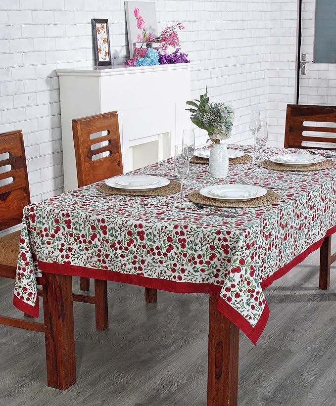 Ridhi Garnet Red Hand Block Print Cotton Rectangle Tablecloth 160 x 72 inch-Reusable Table Cover Decorative Everyday Use for Dining Room, Farmhouse, Thanksgiving, Christmas Wedding, Fall