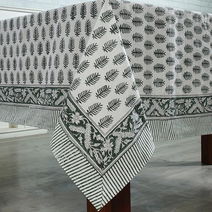 Ridhi Emerald Green Hand Block Print Cotton Rectangle Tablecloth 102 x 48 inches Reusable Table Cover Decorative Everyday Use for Dining Room, Farmhouse, Home, Party, Festive & Wedding, Fall