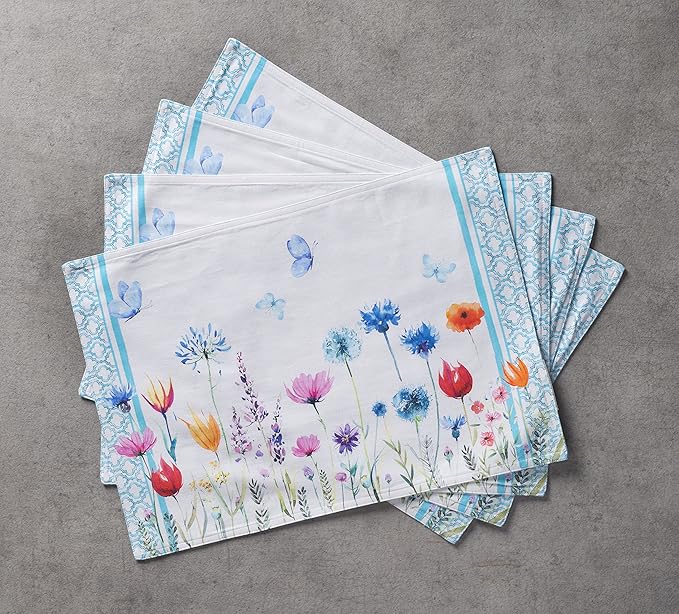 Maison d' Hermine Placemats Set of 4 100% Cotton Washable Cloth Place Mats, Reusable Table Mats for Kitchen Dining Decoration, Party, Wedding, Restaurant Spring/Summer (Flower In The Field, 13" x 19")