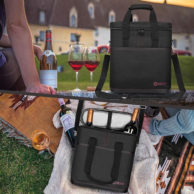 OPUX 3 Bottle Wine Carrier Tote, Insulated Leakproof Wine Cooler Bag, Wine Travel Bag Tote for Picnic BYOB Beach, Portable Wine Bottle Carrying Case, Gift for Wine Lover Women Men Christmas, Black