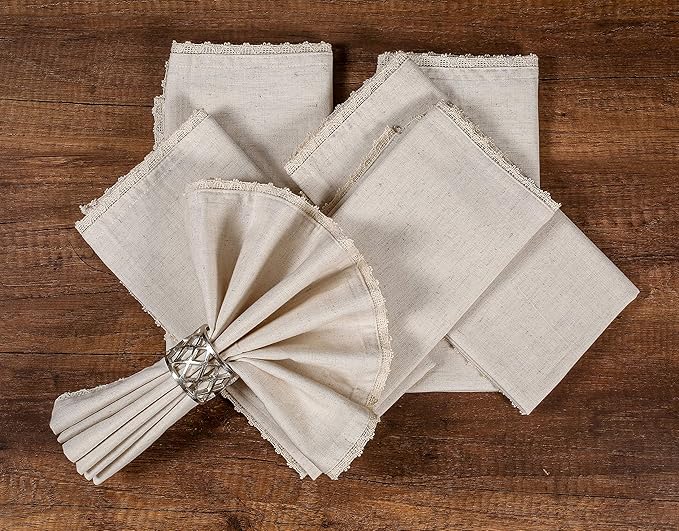 Natural Color Blend Cotton Linen Napkins Set of 12 - with Lace 18x18 Inch Decorative Elegant Washable Reusable Flax Dinner Napkin for Dining Table Décor Wedding Party Christmas New Year & Everyday Use