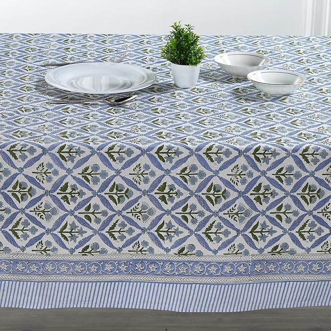 Ridhi Light Steel Blue Hand Block Print Cotton Rectangle Tablecloth 160 x 72 inches Reusable Table Cover Decorative Everyday Use for Dining Room, Farmhouse, Home, Party, Festive & Wedding, Fall