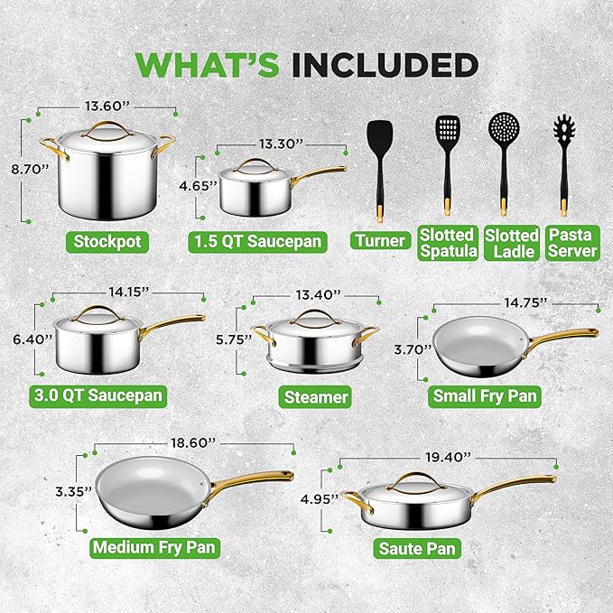 NutriChef 16-Piece Premium Stainless Steel Cookware Set – Tri-Ply Construction, Induction Compatible, Stylish Design with Golden Handles, Includes Pots, Ceramic Coated Fry Pans, and Utensils