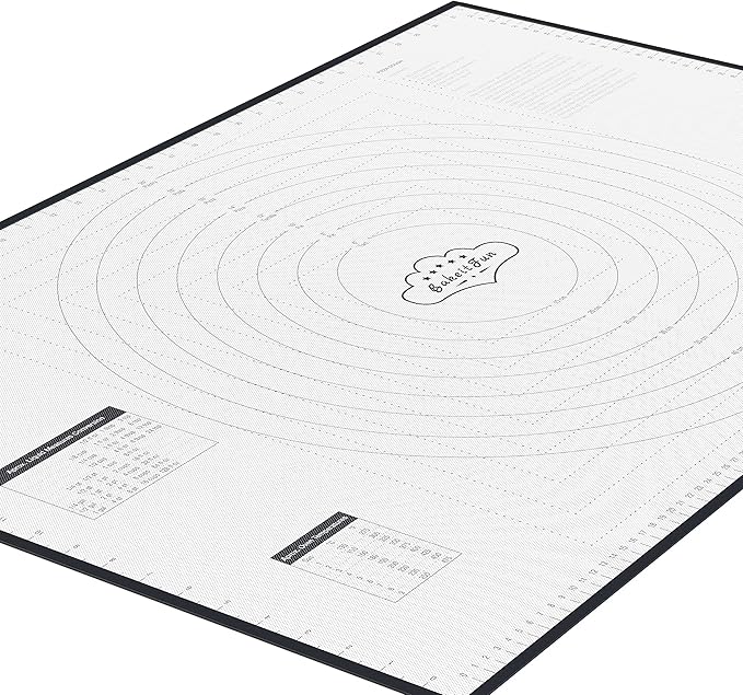 XX-Large Silicone Pastry Mat 33.5 x 22.5 in nonstick surface with inch and cm guides, concentric circles, conversion charts, BPA free, heat safe to 450°F, dishwasher safe
