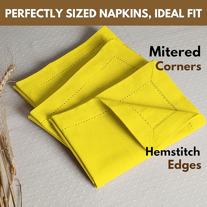 Native Fab Yellow Cloth Napkins, 100% Cotton, Set of 12, Hemstitch Corners, 18x18 inch, Soft, Durable, Reusable, Premium Hotel Quality - Events, Wedding, Table, Dinner Napkins - Lemon Yellow