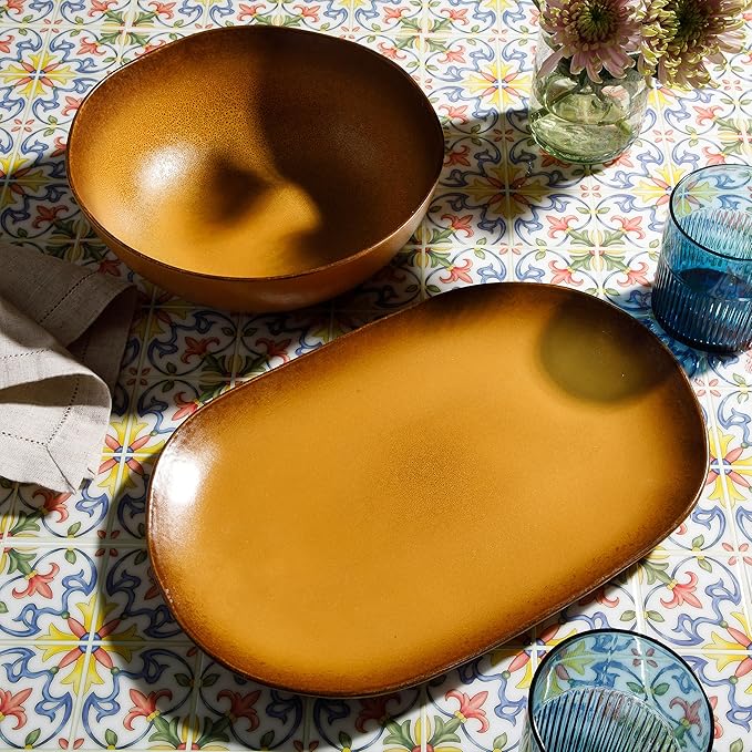 Bloomhouse Palermo Sun 2 Piece Serving Bowl and Oval Platter Stoneware Reactive Glaze Serveware Set - Turmeric Yellow