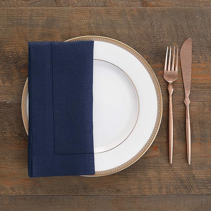 Solino Home Navy Blue Linen Napkins Set of 4-100% Pure Linen Hemstitch Dinner Napkins 20 x 20 Inch for Fall, Autumn, Thanksgiving, Christmas, Holiday, Winter - Classic Hemstitch