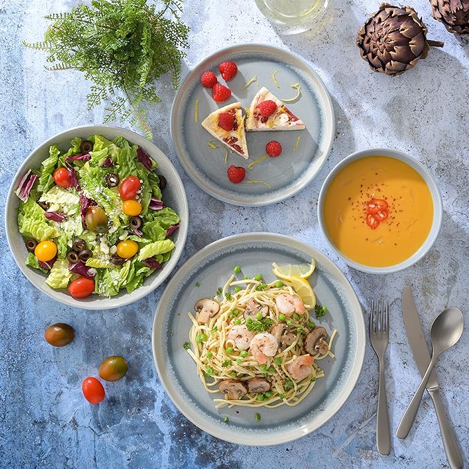 Gibson Elite Juno Moon 16-Piece Reactive Blue Double Bowl Dinnerware Set – Durable Stoneware Plates and Bowls