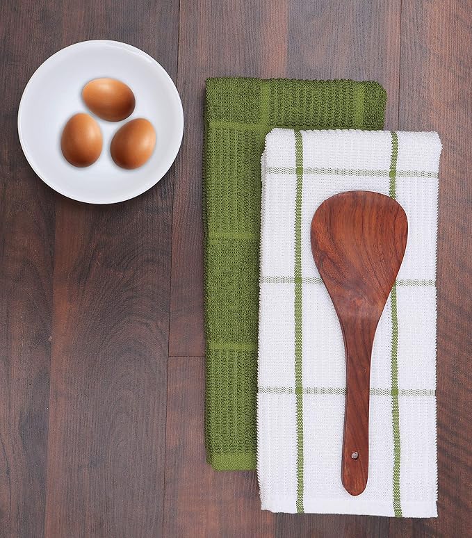 AMOUR INFINI Kitchen Towels Pack of 4 Absorbent, Quick Drying Premium Terry Cotton Dish Towel with Hanging Loop 16x28 Inch Hand & Tea Towels (Green)