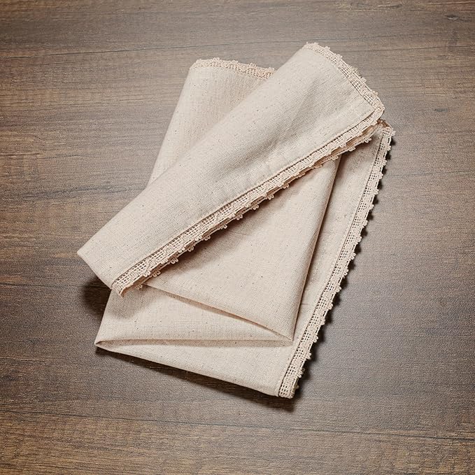 Natural Color Blend Cotton Linen Napkins Set of 12 - with Lace 18x18 Inch Decorative Elegant Washable Reusable Flax Dinner Napkin for Dining Table Décor Wedding Party Christmas New Year & Everyday Use